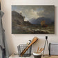 Canvas art print detailing a Nordic coastal scene with waves and distant vessels, displayed in a softly lit workspace setting