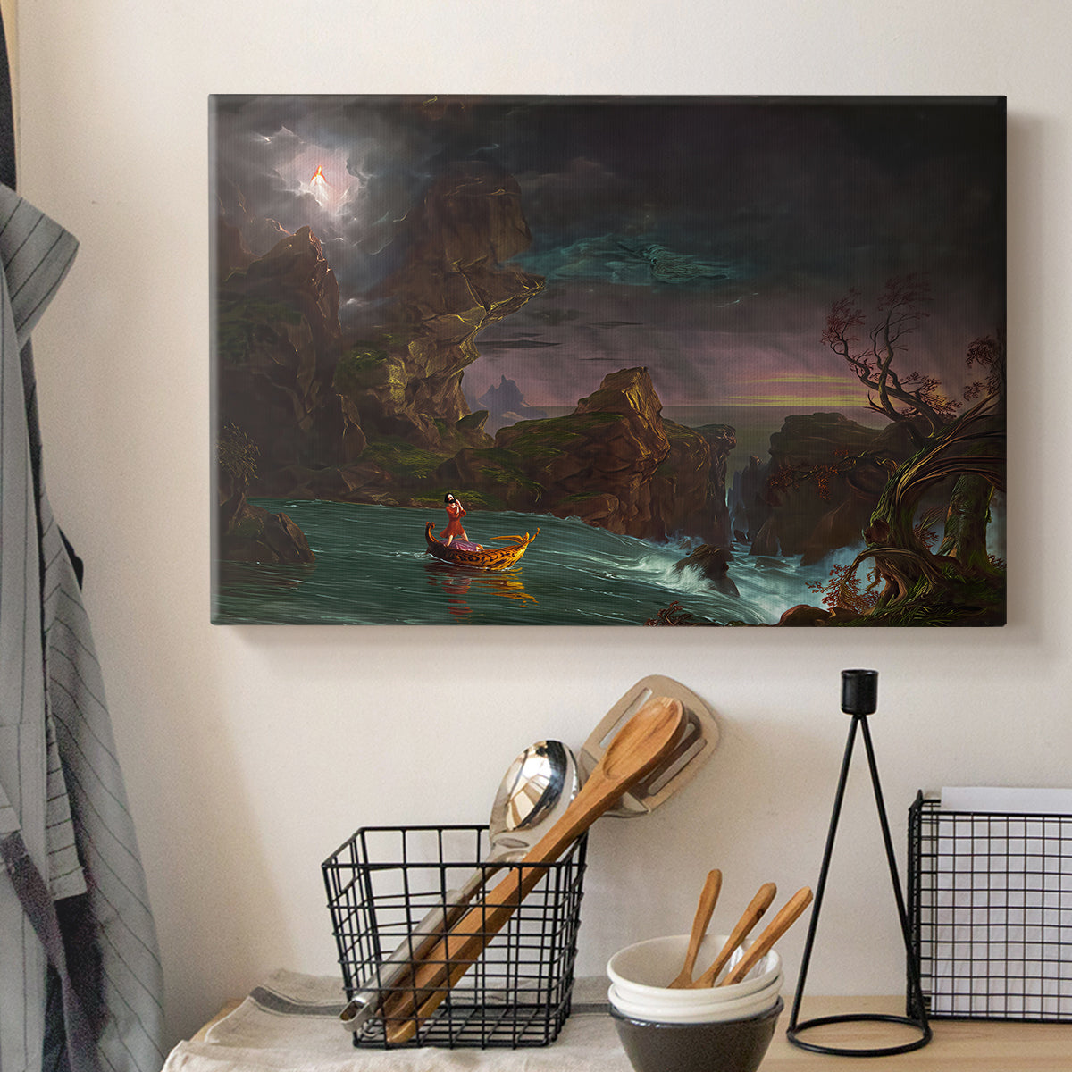 Canvas art print detailing a romantic composition emphasizing struggle and movement, displayed in a softly lit workspace setting