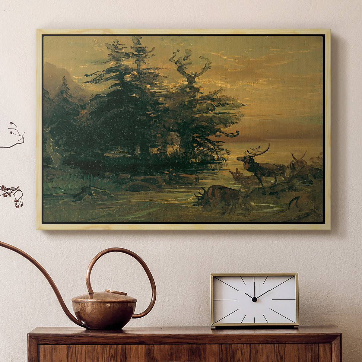 Wallowing Deer on the Shore of a Mountain Lake, c. 1850 - Floater Framed Canvas Print