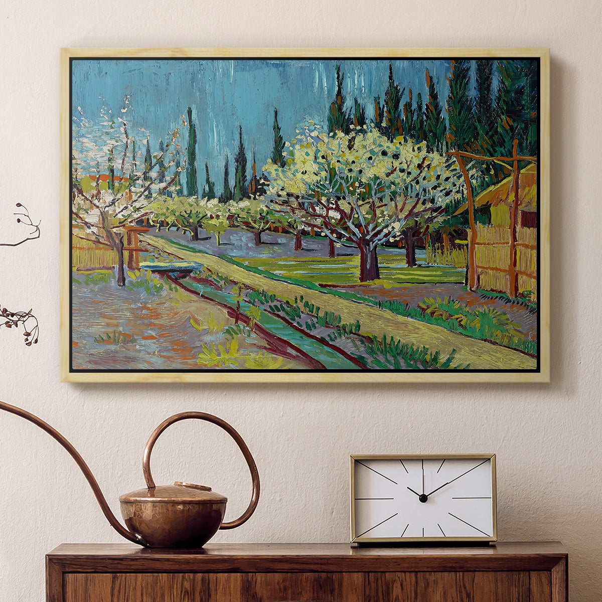 Orchard in Blossom, Bordered by Cypresses, 1888 - Floater Framed Canvas Print