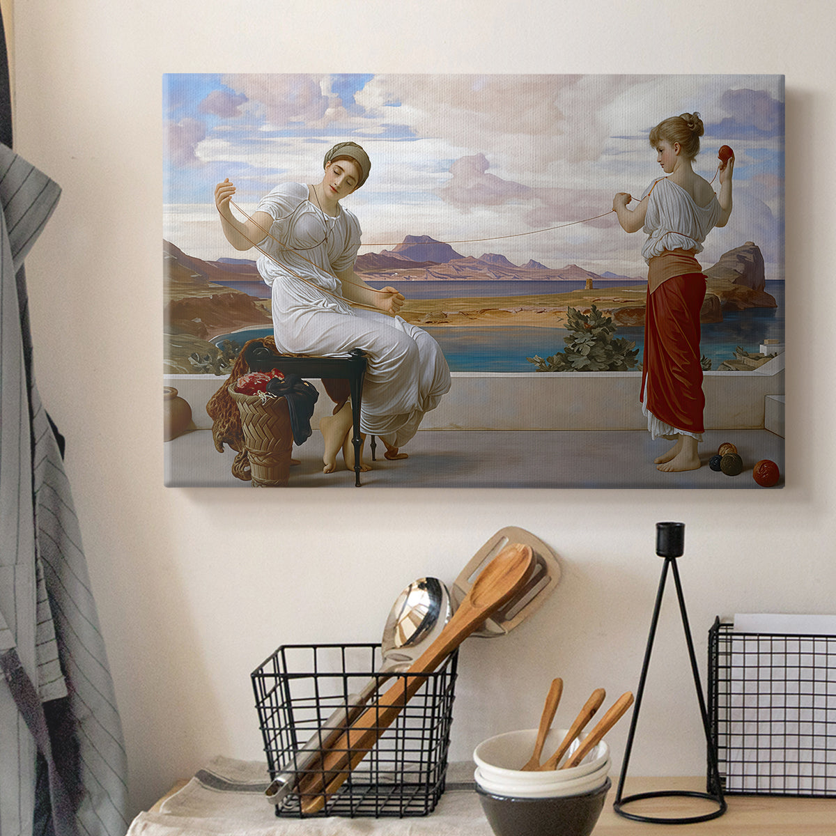 Canvas art print detailing an elegant composition of women performing domestic task, displayed in a softly lit workspace setting