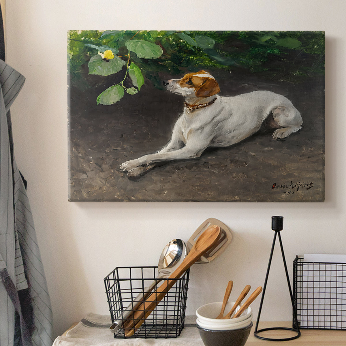 Canvas art print detailing a calm scene of dog reclining in open landscape, displayed in a softly lit workspace setting