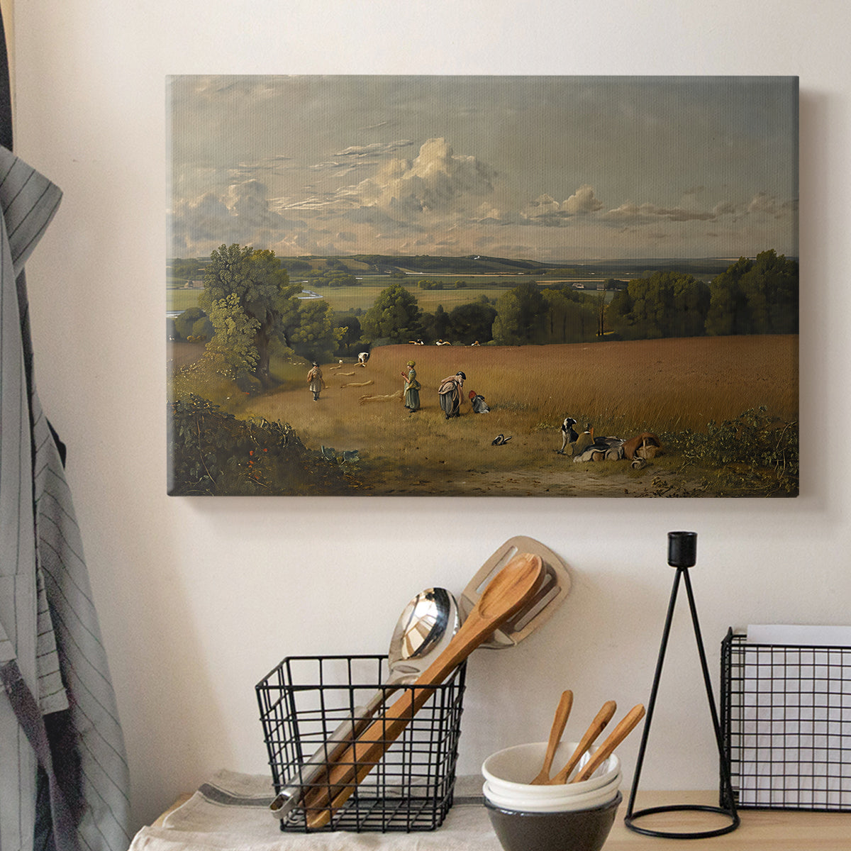 Canvas art print detailing an expressive field composition, displayed in a softly lit workspace setting