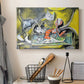 Canvas art print detailing a stylized still life with cat and seafood elements, displayed in a softly lit workspace setting