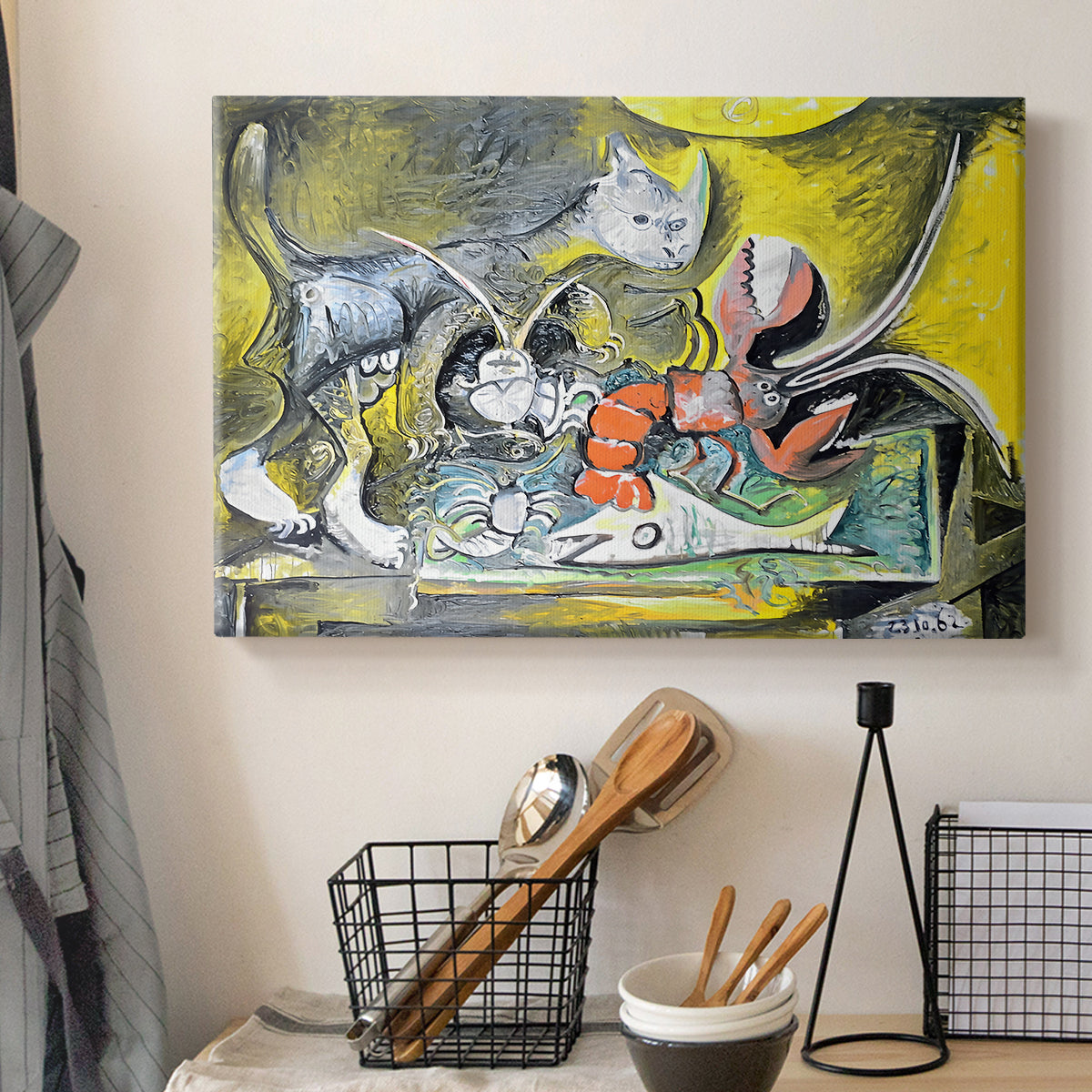 Canvas art print detailing a stylized still life with cat and seafood elements, displayed in a softly lit workspace setting