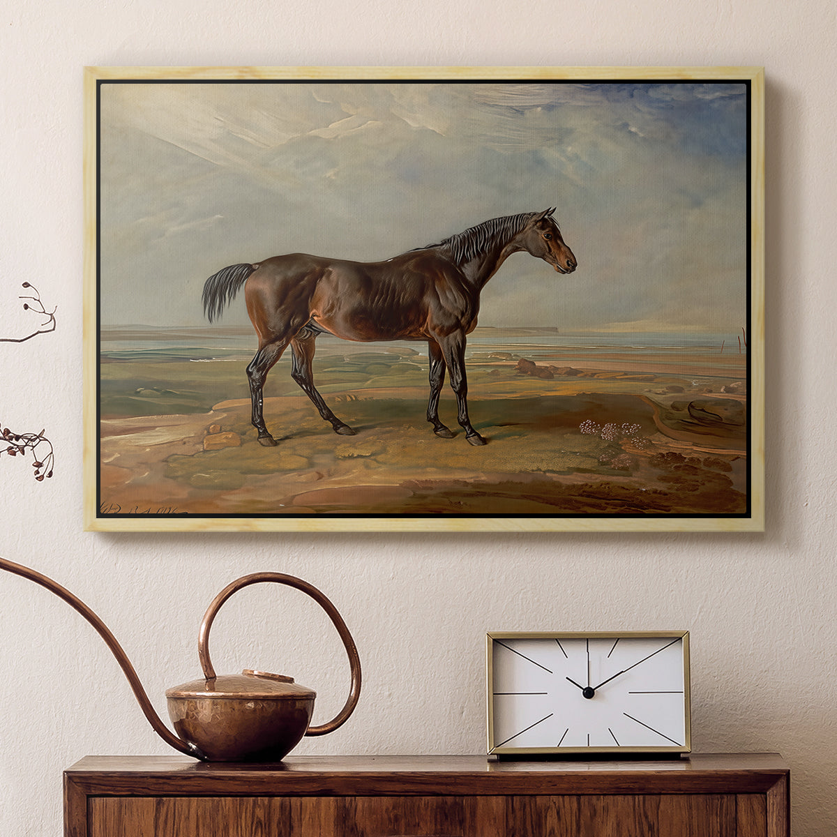 Dr. Syntax, a Bay Racehorse, Standing in a Coastal Landscape, an Estuary Beyond, c. 1820 - Floater Framed Canvas Print