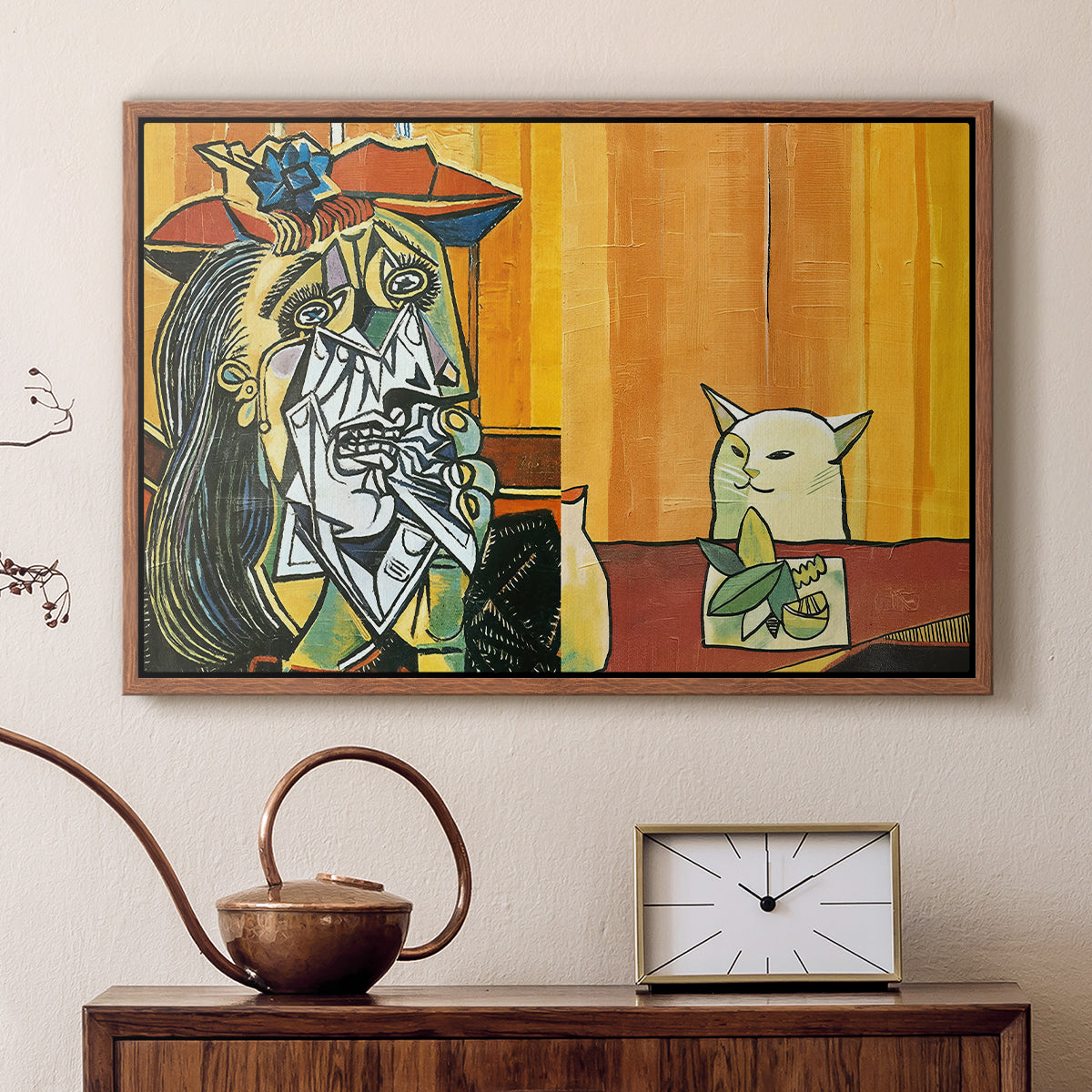 Woman Yelling at a Cat Meme (Picasso Parody) - Floater Framed Canvas Print