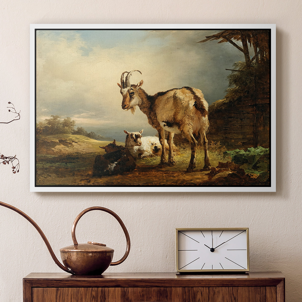 A Goat with Two Kids - Floater Framed Canvas Print