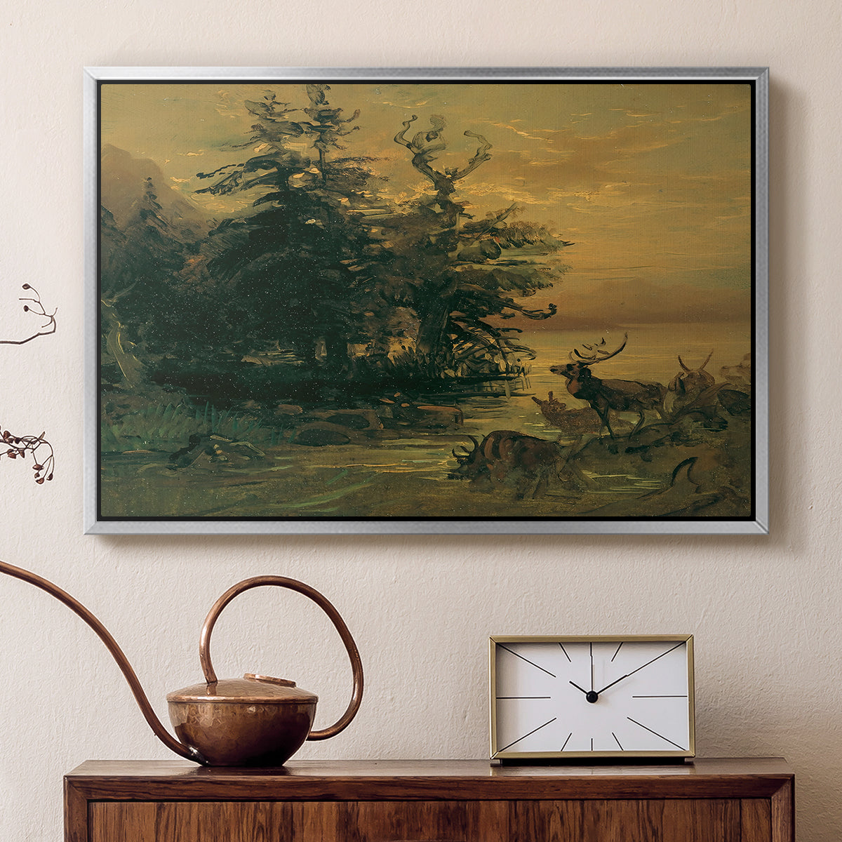 Wallowing Deer on the Shore of a Mountain Lake, c. 1850 - Floater Framed Canvas Print