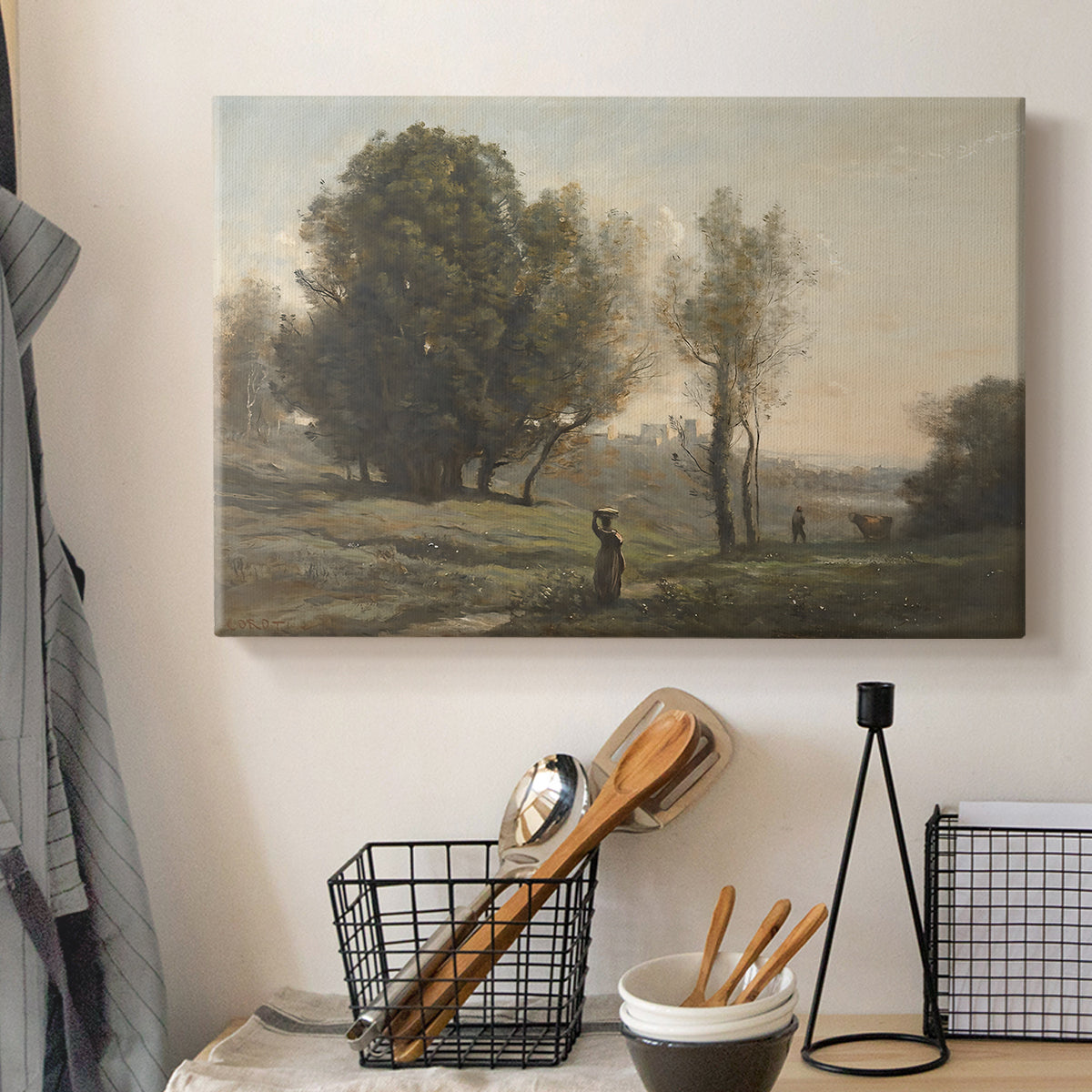 Canvas art print detailing a subdued natural setting with open space and sky, displayed in a softly lit workspace setting