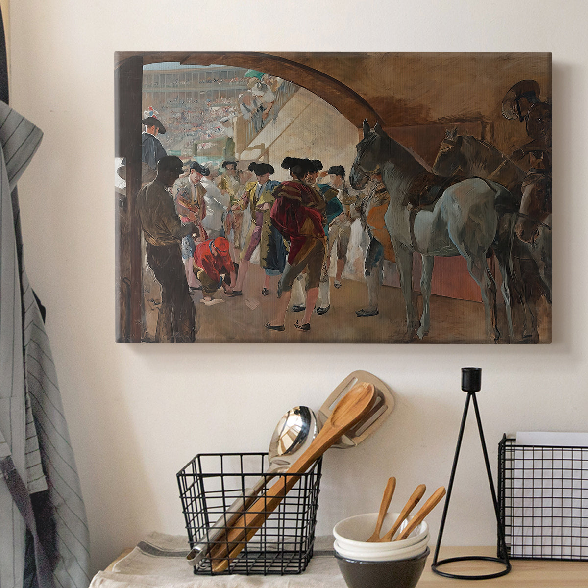 Canvas art print detailing a narrative moment showing preparation and anticipation, displayed in a softly lit workspace setting