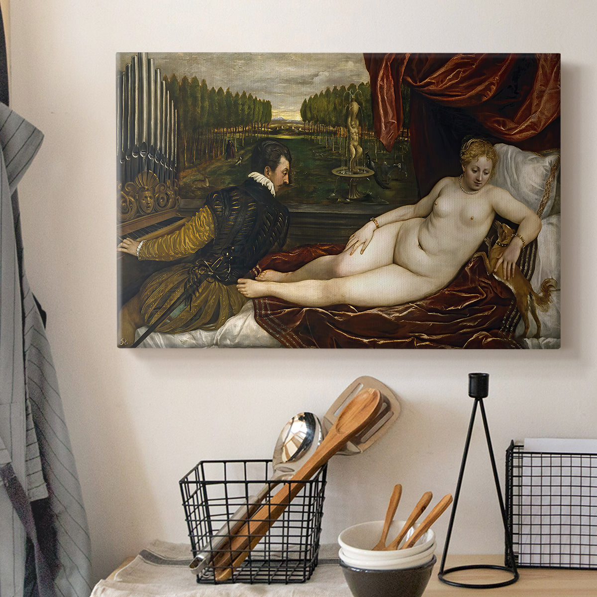 Canvas art print detailing a classical interior with reclining Venus and seated organist, displayed in a softly lit workspace setting
