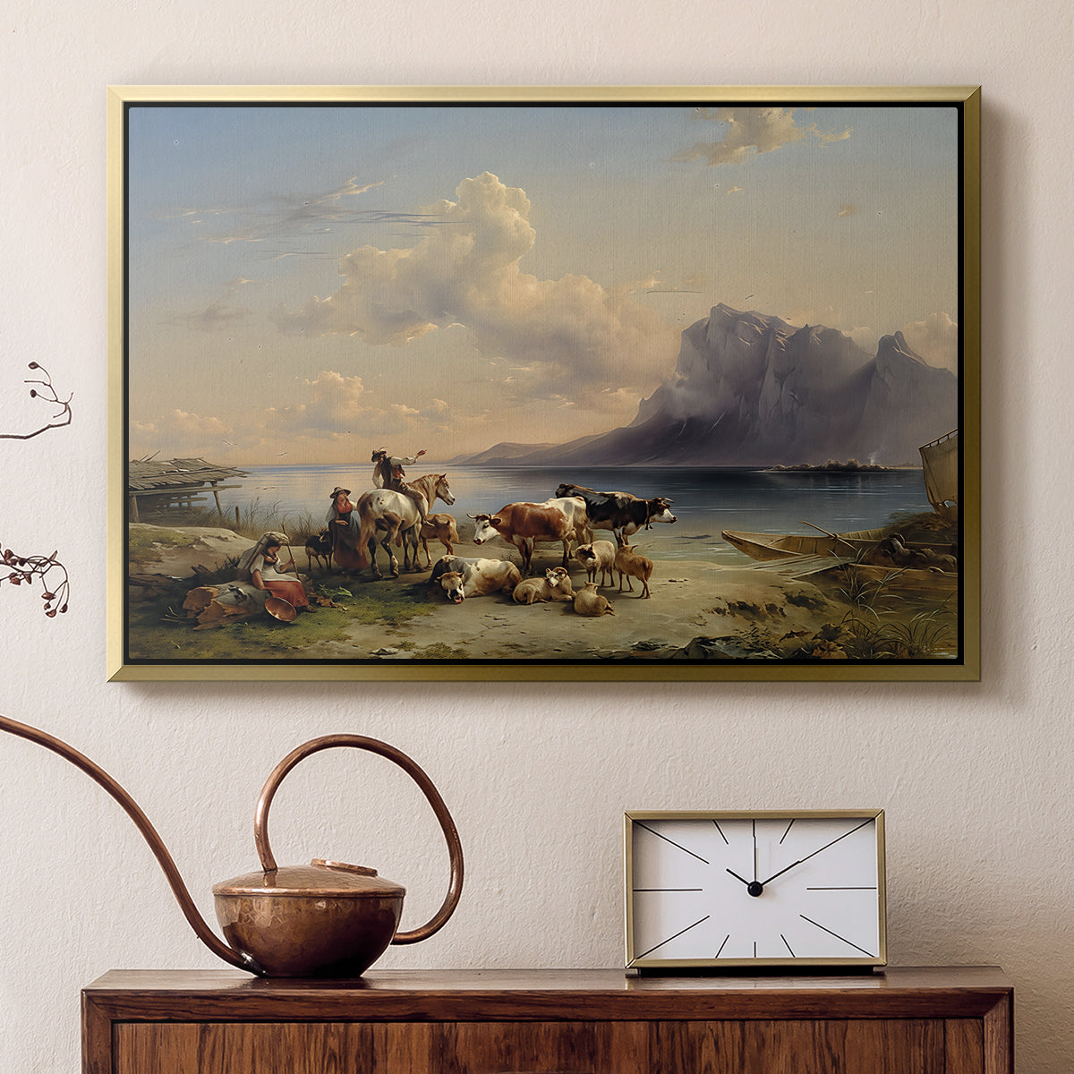 Shepherds and Cattle on Lake Attersee, 1852 - Floater Framed Canvas Print