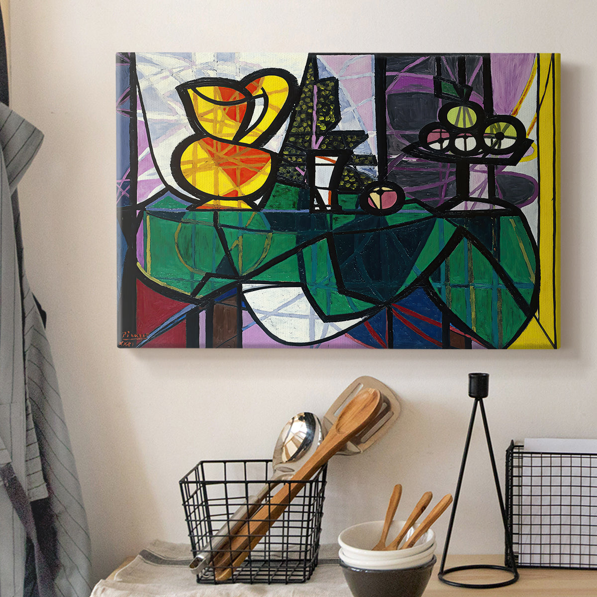 Canvas art print detailing a stylized composition emphasizing balance, displayed in a softly lit workspace setting