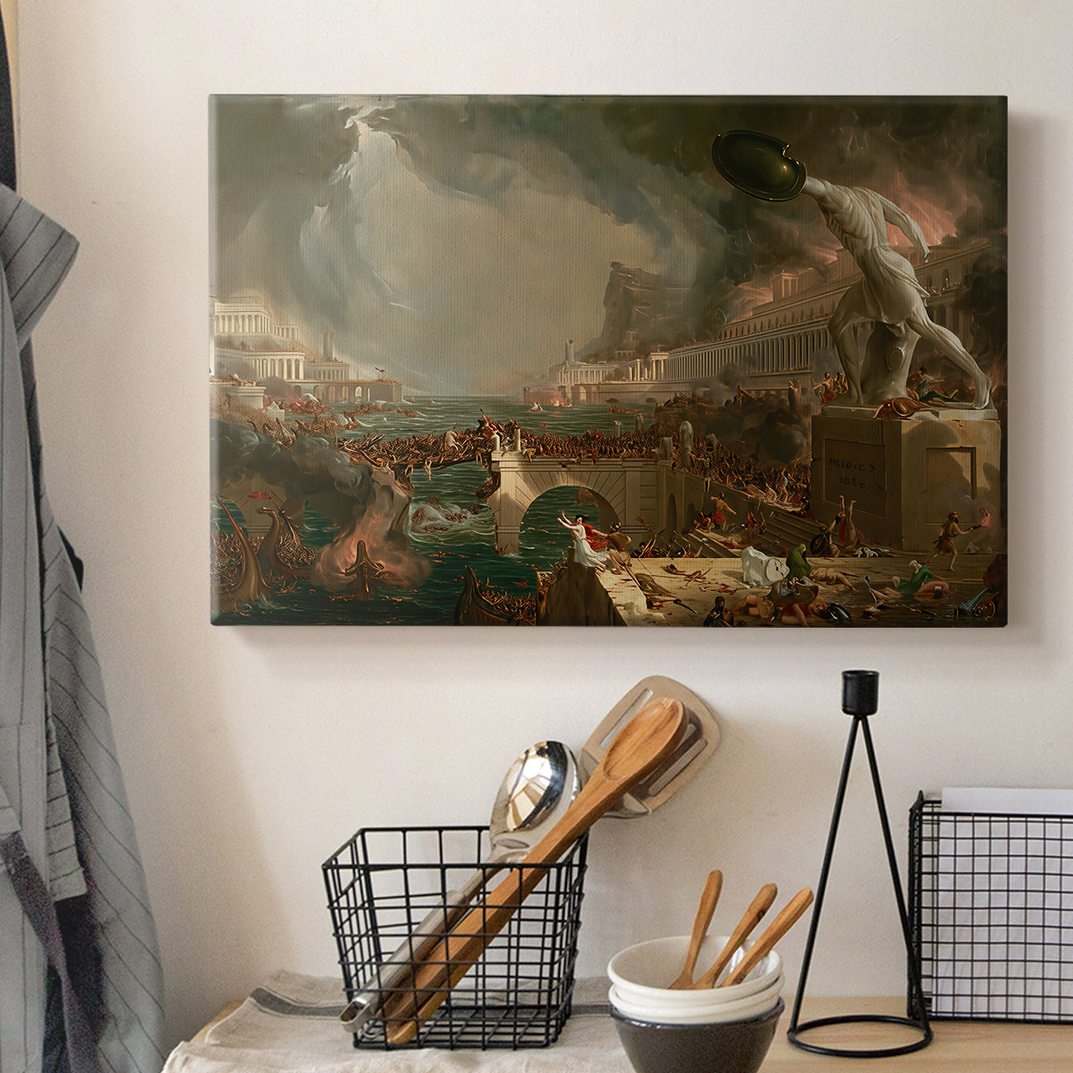 Canvas art print detailing an expressive composition showing downfall of civilization, displayed in a softly lit workspace setting
