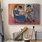 Canvas art print detailing an expressive composition of two people playing dominoes, displayed in a softly lit workspace setting