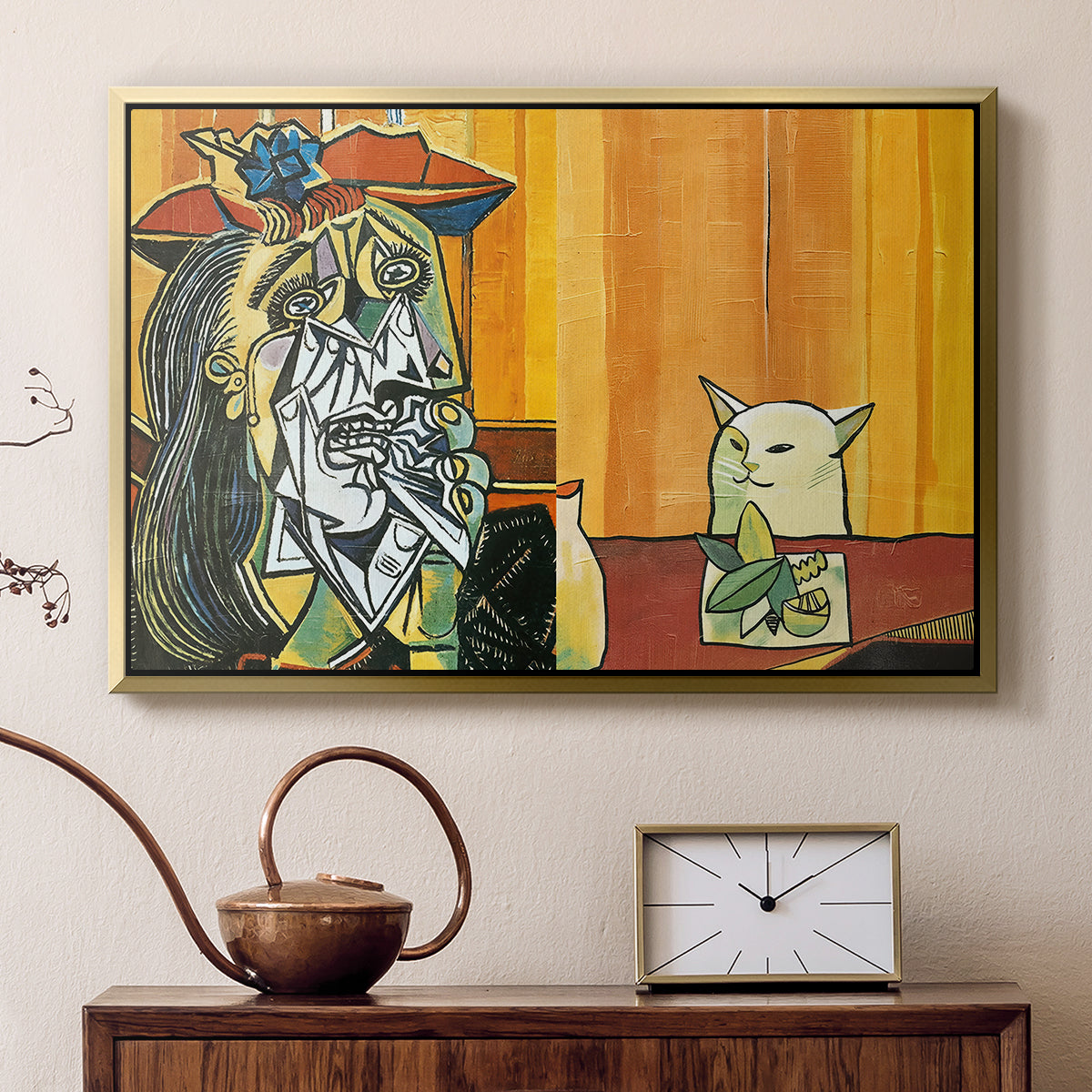 Woman Yelling at a Cat Meme (Picasso Parody) - Floater Framed Canvas Print
