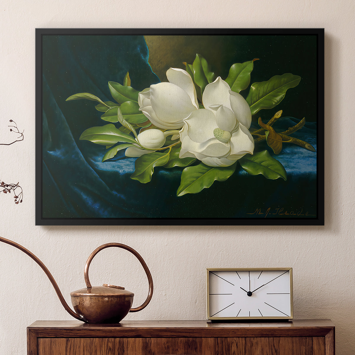 Giant Magnolias on a Blue Velvet Cloth, c. 1890 - Floater Framed Canvas Print