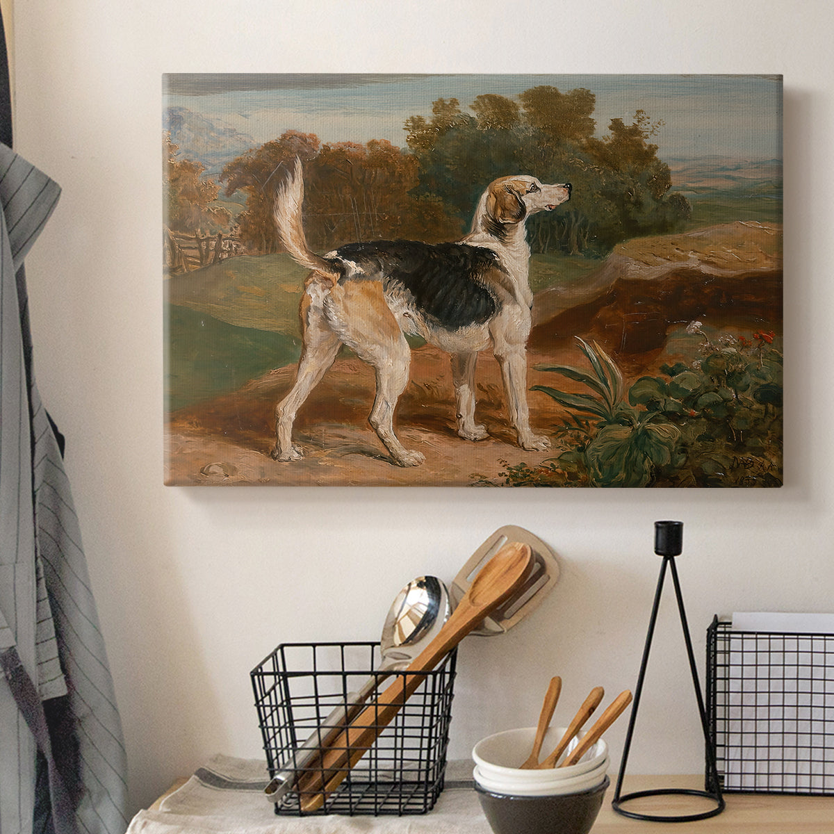 Canvas art print detailing a countryside scene featuring single hound, displayed in a softly lit workspace setting