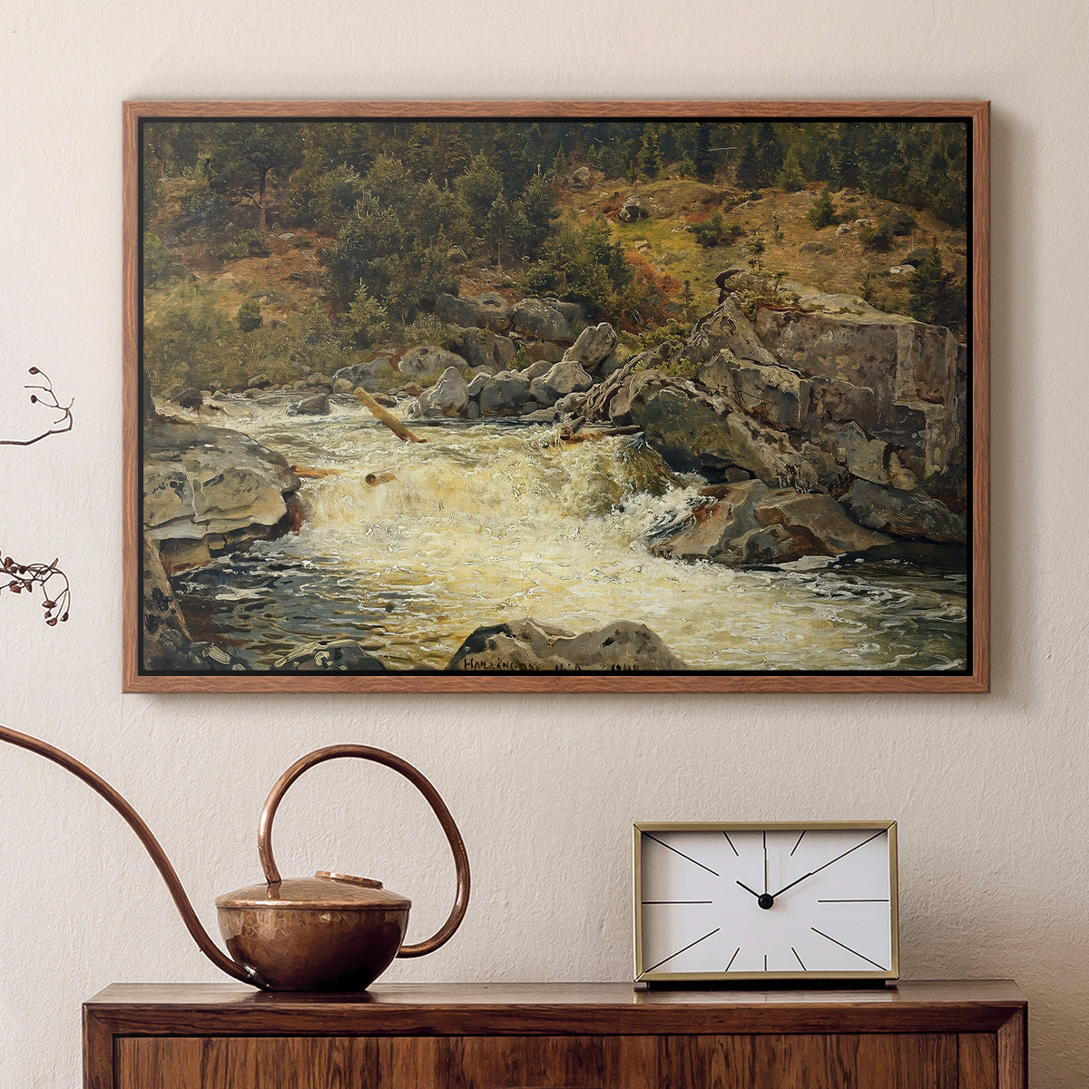 Waterfall in Hallingdal, 1848 - Floater Framed Canvas Print