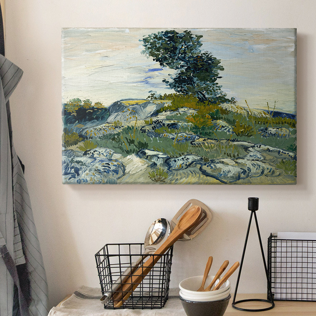 Canvas art print detailing a stylized composition emphasizing structure of rocks, displayed in a softly lit workspace setting