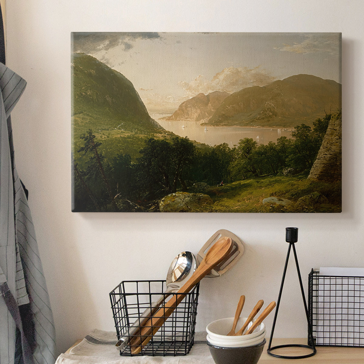 Canvas art print detailing an atmospheric scene emphasizing light and stillness, displayed in a softly lit workspace setting