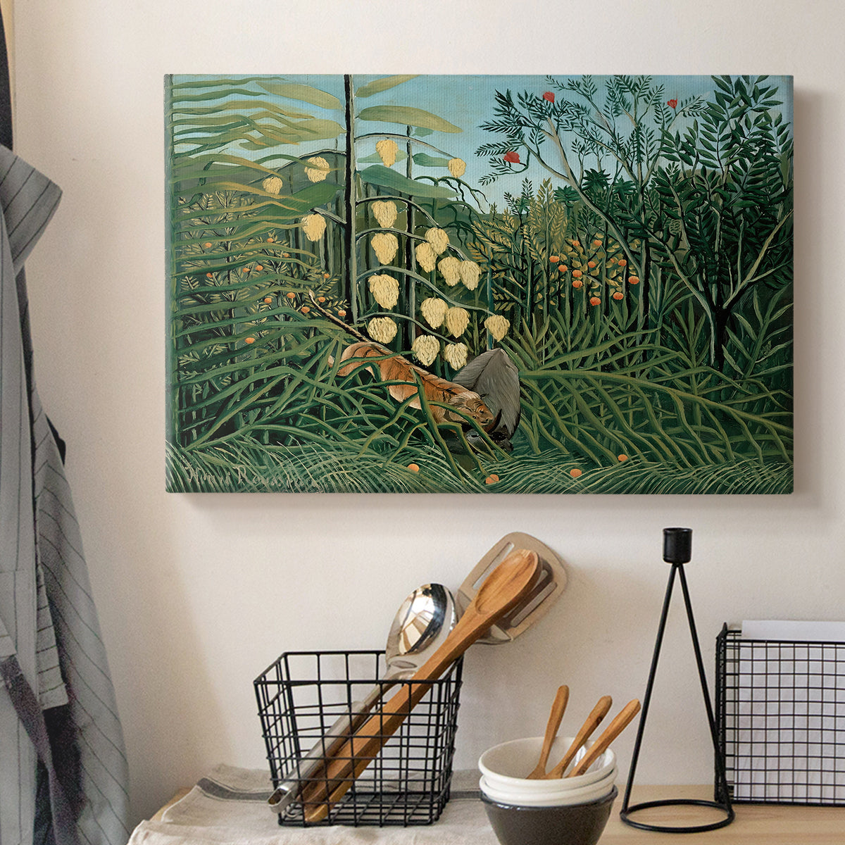 Canvas art print detailing a stylized jungle scene with animals in conflict, displayed in a softly lit workspace setting