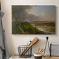 Canvas art print detailing an iconic composition with river bend and contrasting skies, displayed in a softly lit workspace setting