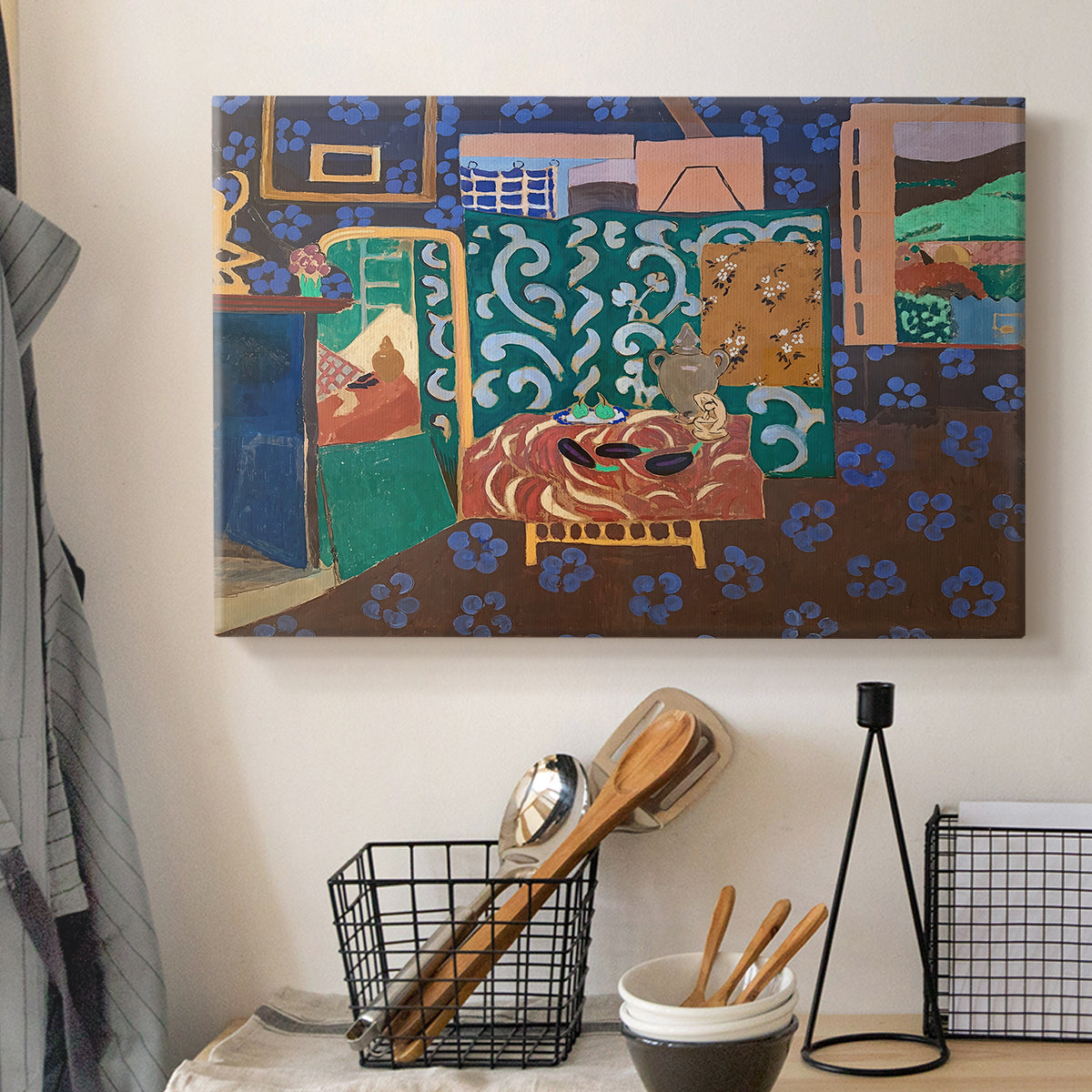 Canvas art print detailing a stylized room composition featuring aubergines on a table, displayed in a softly lit workspace setting