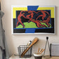Canvas art print detailing a stylized depiction of human figures dancing in unity, displayed in a softly lit workspace setting