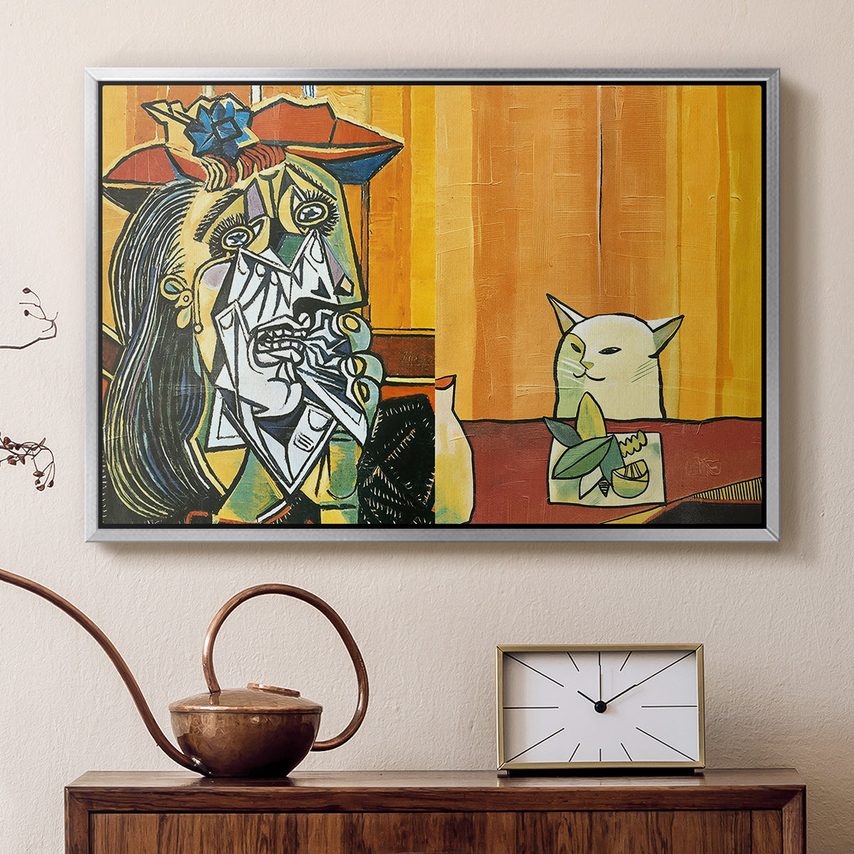 Woman Yelling at a Cat Meme (Picasso Parody) - Floater Framed Canvas Print