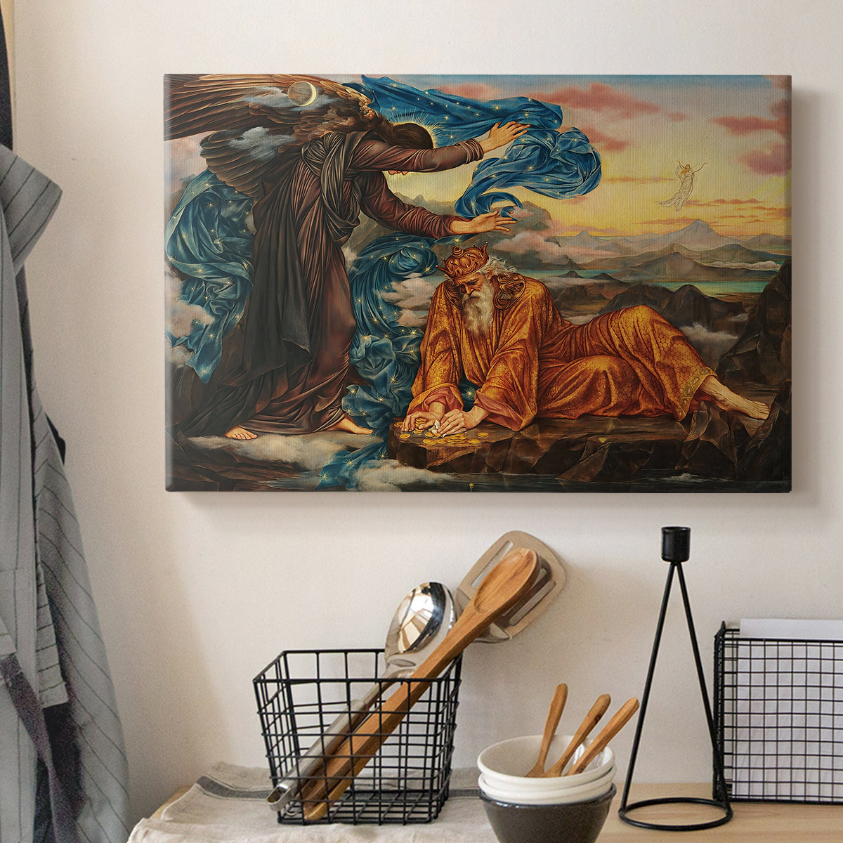 Canvas art print detailing a classical-style figure lying in ornate, mystical environment, displayed in a softly lit workspace setting