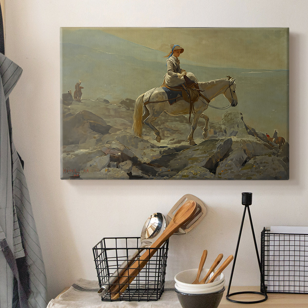 Canvas art print detailing an outdoor scene showing movement through scenic highland path, displayed in a softly lit workspace setting