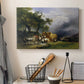 Canvas art print detailing a realistic farm activity scene, displayed in a softly lit workspace setting