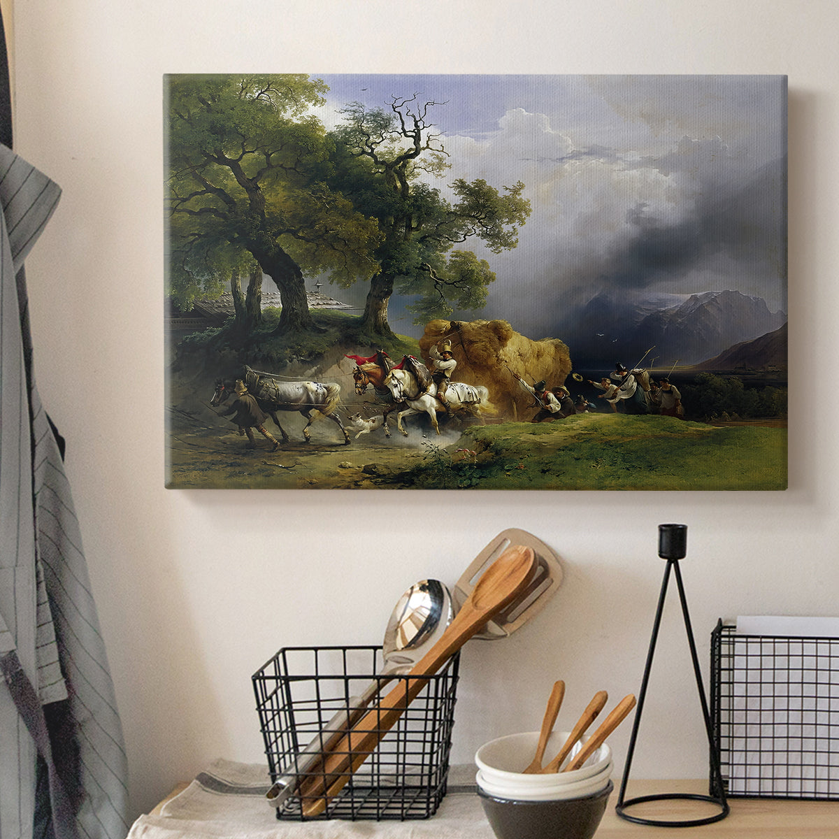 Canvas art print detailing a realistic farm activity scene, displayed in a softly lit workspace setting