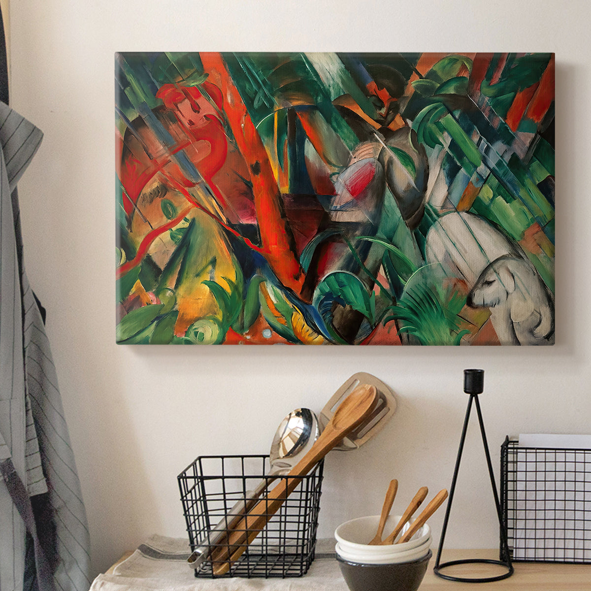 Canvas art print detailing a stylized representation of weather through geometric forms, displayed in a softly lit workspace setting