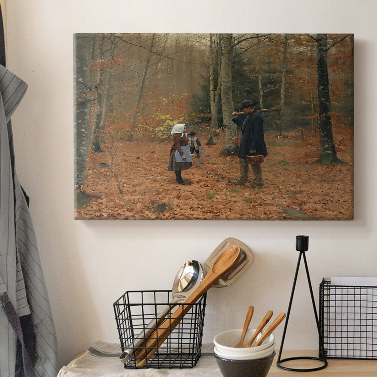 Canvas art print detailing a countryside depiction of parent and children in woodland, displayed in a softly lit workspace setting