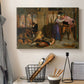 Canvas art print detailing a romantic scene with detailed setting and dramatic lighting, displayed in a softly lit workspace setting