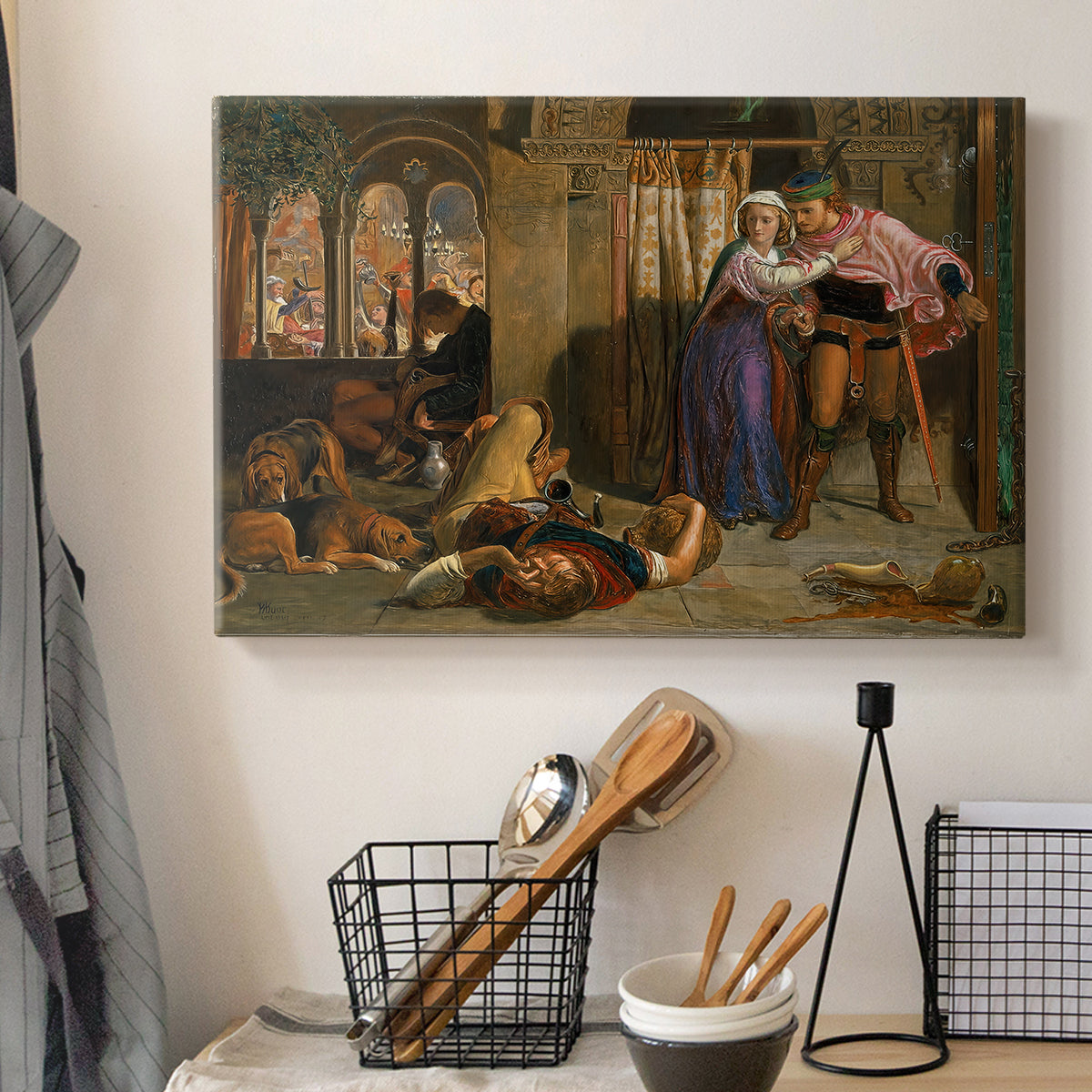 Canvas art print detailing a romantic scene with detailed setting and dramatic lighting, displayed in a softly lit workspace setting