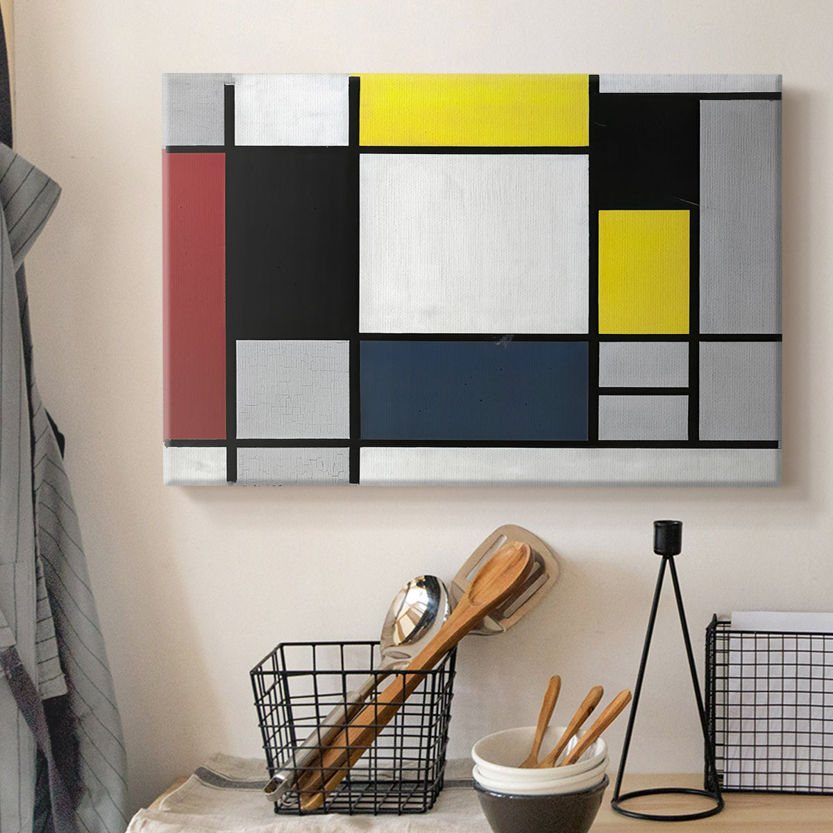 Canvas art print detailing a modernist structure, displayed in a softly lit workspace setting