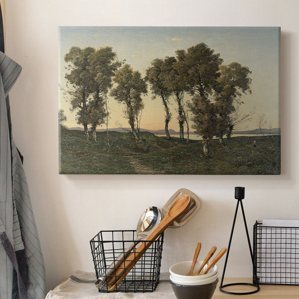 Canvas art print detailing an atmospheric autumn setting with warm tones and calm mood, displayed in a softly lit workspace setting