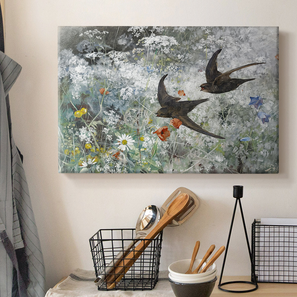 Canvas art print detailing an impressionist wildlife scene capturing birds in motion, displayed in a softly lit workspace setting