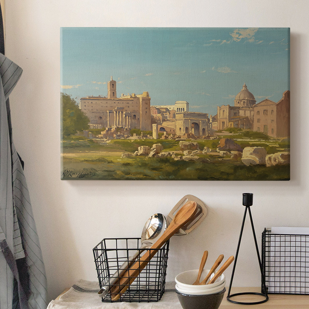 Canvas art print detailing a detailed depiction of Roman architecture in outdoor setting, displayed in a softly lit workspace setting