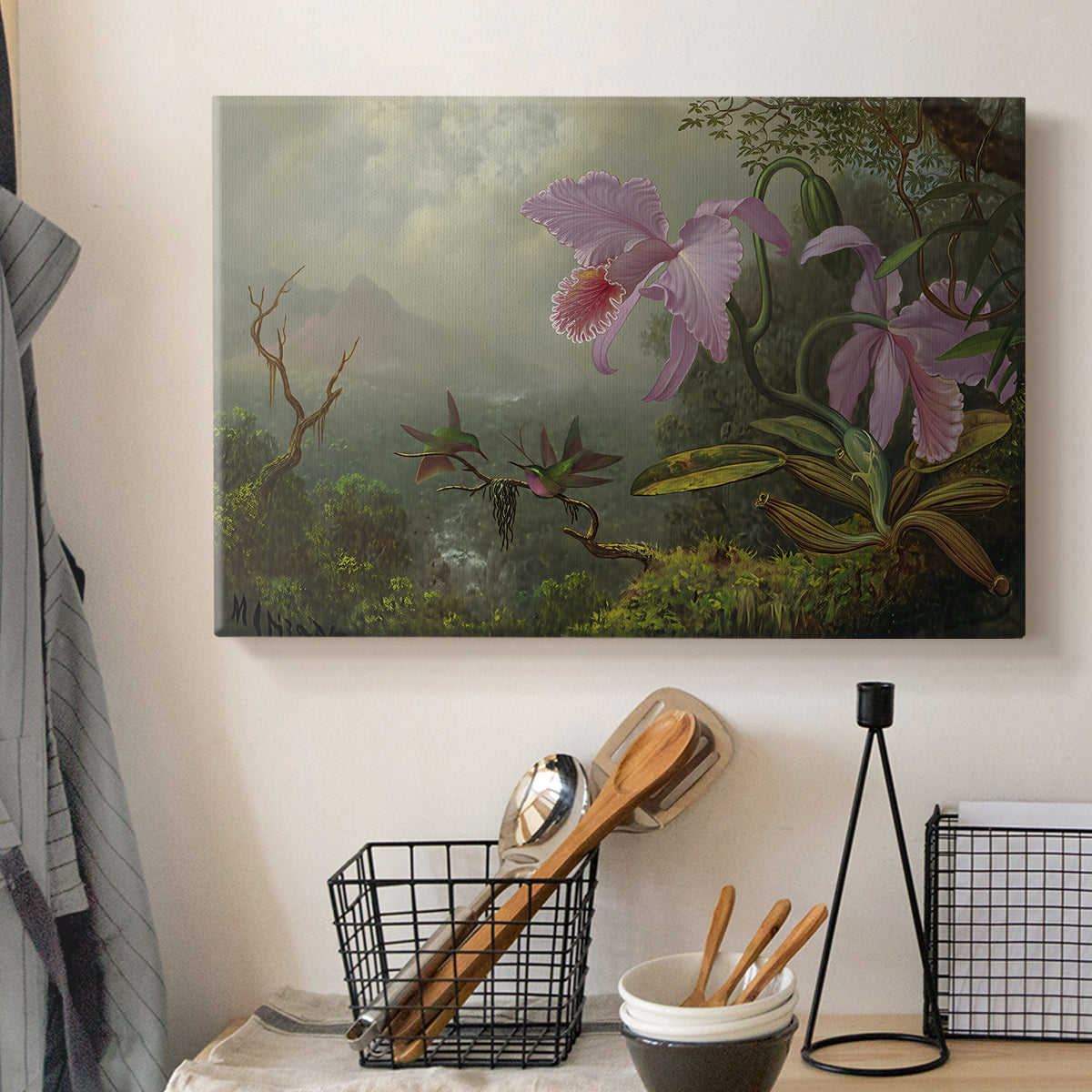 Canvas art print detailing a luminist depiction of birds, displayed in a softly lit workspace setting