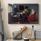 Canvas art print detailing an intimate scene with figures and table setting, displayed in a softly lit workspace setting