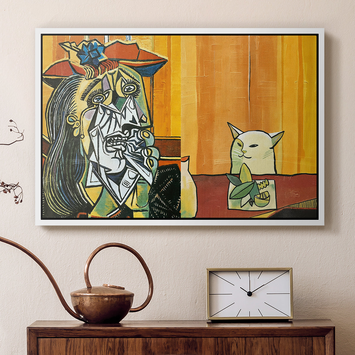 Woman Yelling at a Cat Meme (Picasso Parody) - Floater Framed Canvas Print