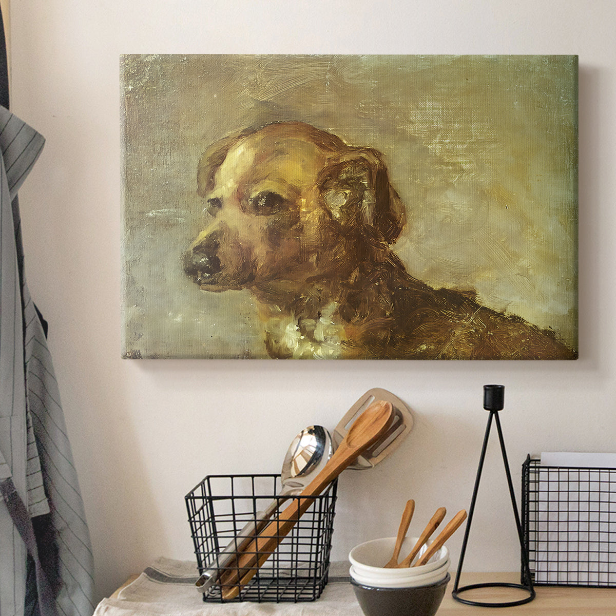 Canvas art print detailing a painterly depiction of seated dog, displayed in a softly lit workspace setting