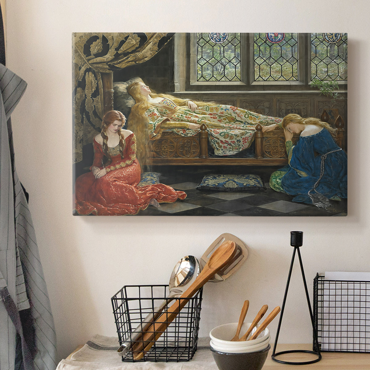 Canvas art print detailing a stylized depiction of resting figure, displayed in a softly lit workspace setting