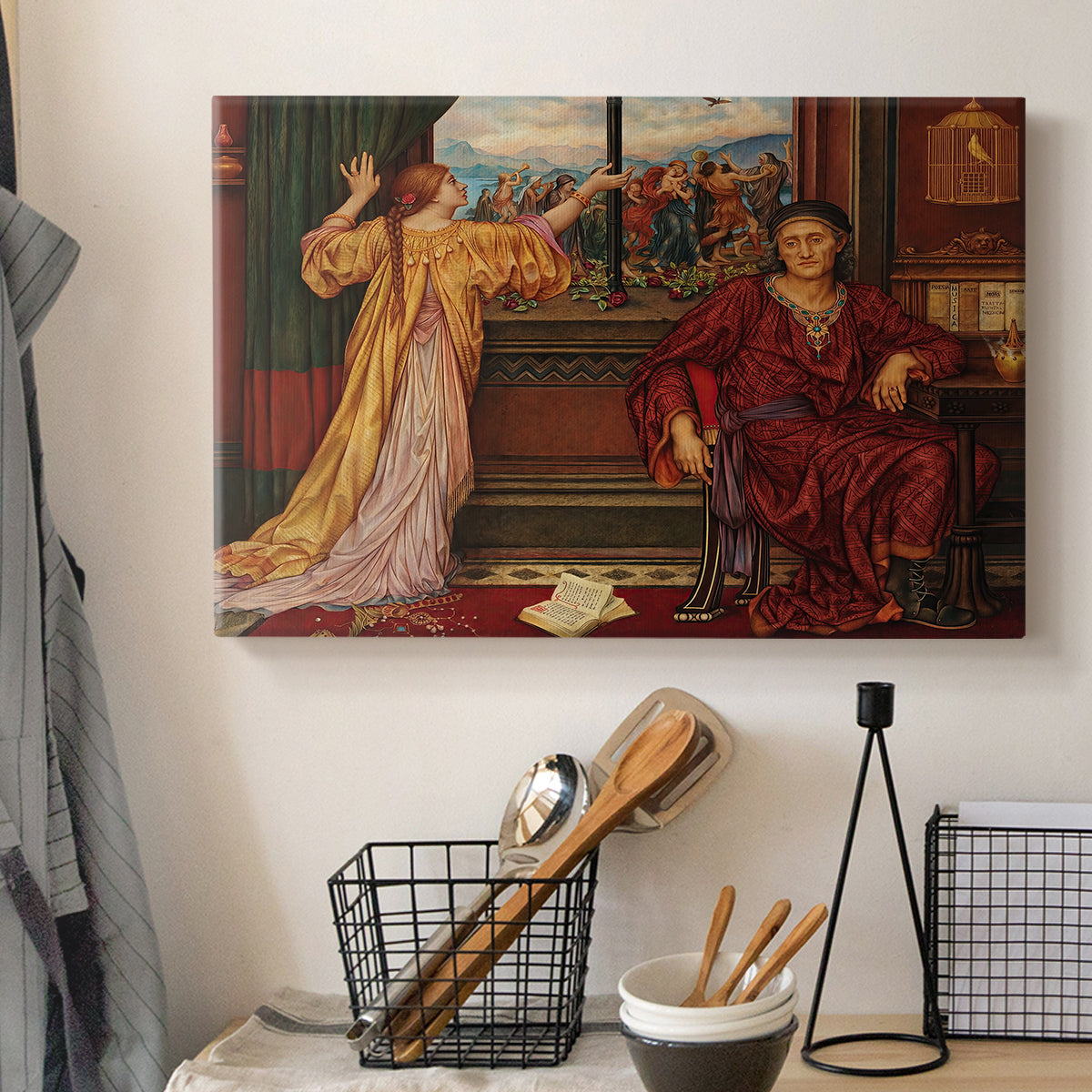 Canvas art print detailing an allegorical depiction of beauty and captivity, displayed in a softly lit workspace setting