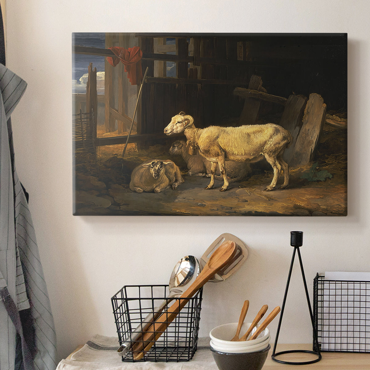 Canvas art print detailing a pastoral depiction of livestock inside barn, displayed in a softly lit workspace setting